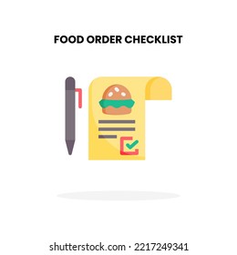 Food Order Checklist flat icon, with paper, pen and burger Vector Illustration for Graphic Design Element. Isolated on white background