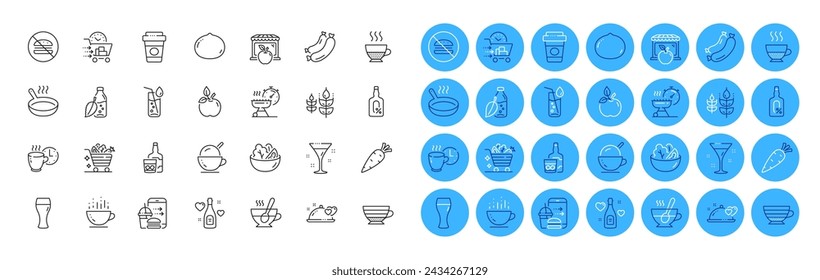 Food order, Cocktail and Frying pan line icons pack. Alcohol free, Coffee cup, Whiskey glass web icon. Market, Romantic dinner, Ice cream pictogram. Salad, Coffee break, Cappuccino. Vector svg