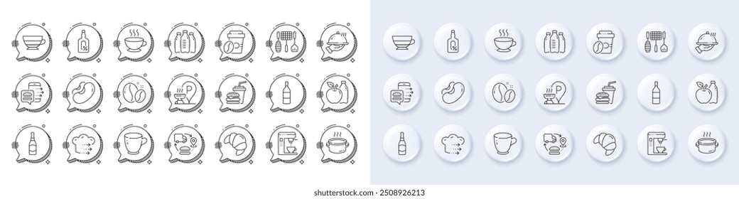 Food order, Coffee beans and Restaurant food line icons. White pin 3d buttons, chat bubbles icons. Pack of Supply chain, Coffee maker, Alcohol free icon. Beans, Apple, Americano pictogram. Vector