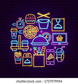 Food Order Delivery Neon Concept. Vector Illustration of Online Promotion.