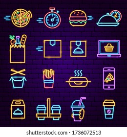 Food Order Delivery Neon Icons. Vector Illustration of Online Promotion.