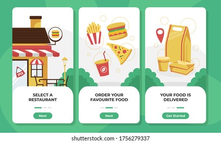 food order and delivery onboarding screens. template user interface mobile app. flat design illustration