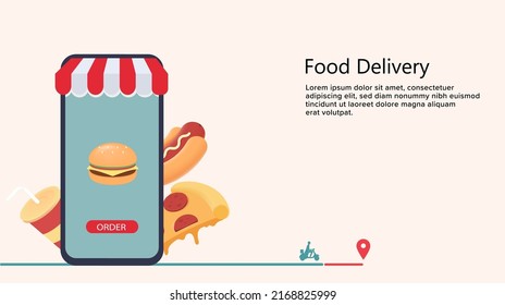 Food Order and Delivery Online Concept with Fast Food Vector Illustration. Template for ordering food online on a smartphone application. Fast food icons set Isometric