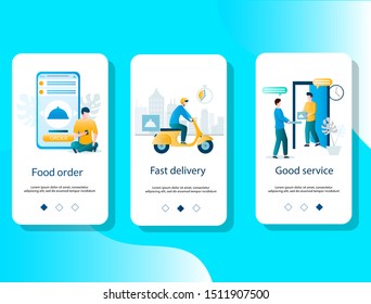 Food order, Fast delivery, Good service mobile app onboarding screens. Menu banner vector template for website and application development. svg