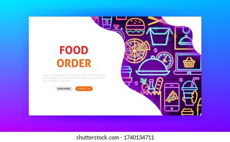 Food Order Neon Landing Page. Vector Illustration of Online Delivery Promotion.