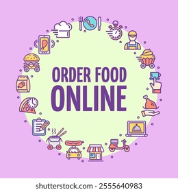 Food Order Online Service Sign Round Design Template Color Thin Line Icon Banner. Vector illustration of Internet Ordering