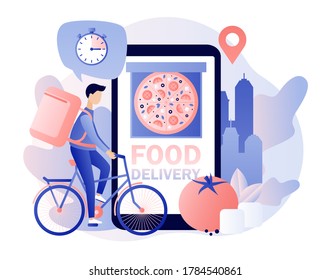 Food order online service. Tiny man courier that delivery food. Pizza in app on smartphone screen. Modern flat cartoon style. Vector illustration on white background