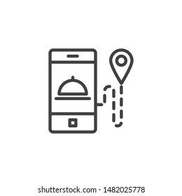 Icono de línea de proceso de pedido de alimentos. signo de estilo lineal para concepto móvil y diseño web. Teléfono con icono vectorial de la bandeja de alimentación y del marcador de mapa. Ilustración del logotipo del símbolo de seguimiento de pedidos. Gráficos vectoriales