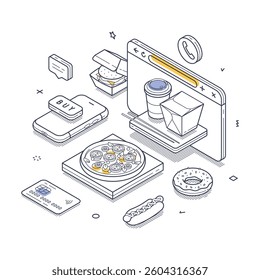 Food order process with various items. Included are a pizza, donuts, and drinks alongside a smartphone and computer screen. Modern isometric line art vector illustration