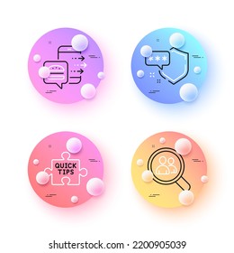 Food order, Search employees and Shield minimal line icons. 3d spheres or balls buttons. Quick tips icons. For web, application, printing. Food delivery, Staff analysis, Safe secure. Tutorials. Vector