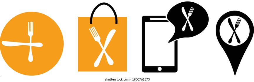 food order set. Order food by phone icon. Take away icon.  the food location icon. time to eat icon. Vector of order food set. the drawing