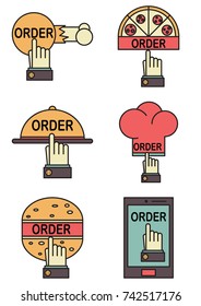 food order, set of vector icons, service for the delivery of food,outline style,