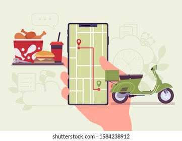 Food order tracking system on smartphone screen. Scooter journey shipping tracker to a customer, goods pick up, delivery and fulfillment process app service. Vector flat style cartoon illustration