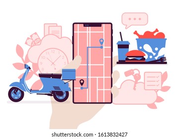 Food order tracking system on smartphone screen. Scooter journey shipping tracker to a customer, goods pick up, delivery and fulfillment process app service. Vector illustration