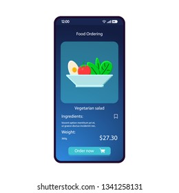 Food ordering app smartphone interface vector template. Mobile page blue design layout. Vegetarian salad screen. Flat UI for application. Online food delivery. Restaurant, cafe menu. Phone display