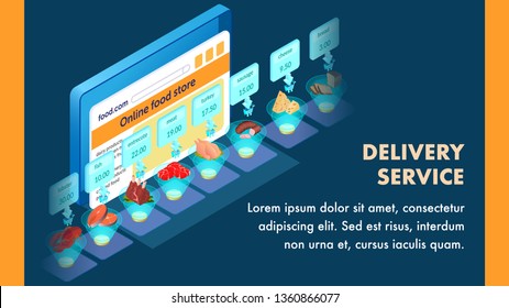 Food Ordering Application Isometric Banner Layout. Delivery Service Typography with Text Space. Internet Supermarket Promotion, Advertising Copyspace. Mobile App Screen with Realistic Products