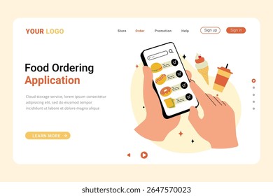 Aplicación de pedidos de alimentos en el concepto de página de destino, interfaz de usuario de App móvil con ilustración de pedido de alimentos