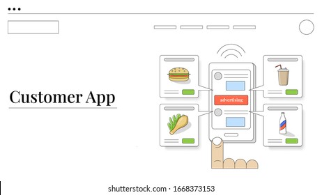 Food ordering creative concept. Light outline drawing style. Isolated illustration for your design, infographic, landing page or app designing.