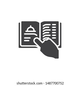 Food ordering with menu book vector icon. Recipe reading filled flat sign for mobile concept and web design. Restaurant menu and hand glyph icon. Symbol, logo illustration. Vector graphics