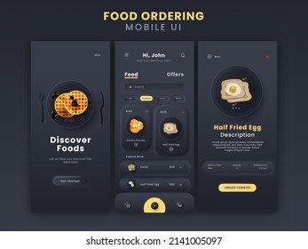 Food Ordering Mobile App UI Including Login, Discover Dish, Description Screen Template On Black Background.