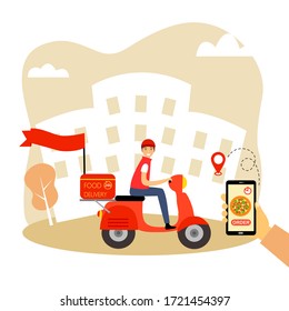 Food ordering online and food delivery concept vector illustration on white background. Order pizza or fast food via smartphone app. Delivery man riding scooter to customer address. Fast delivery.