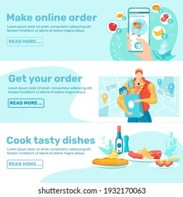 Lista de plantillas planas de banner Web Escala de pasos de pedidos de alimentos. Paquete de diseños de vectores de páginas de inicio de pedidos en línea para productos de fábrica Colección de ilustraciones en color de dibujos animados de cocina sabrosa para la cena