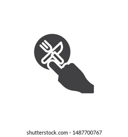 Food ordering vector icon. filled flat sign for mobile concept and web design. Fork with knife and hand glyph icon. Symbol, logo illustration. Vector graphics
