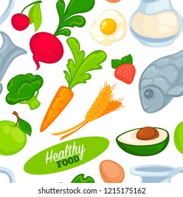 Food organic and healthy products seamless pattern isolated on white background. Milk and eggs, ear of wheat crops, jar filled with useful liquid, dairy production vector. Vitamins and proteins