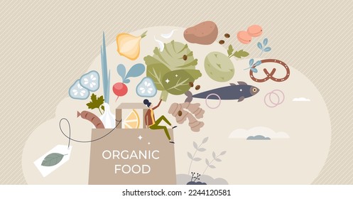 Food organics as fresh or healthy product consumption tiny person concept. Ecological nutrition purchase from local store for wide assortment meal preparation vector illustration. Bio eating lifestyle