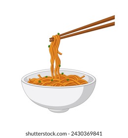 Comida con fideos orientales. Fideos asiáticos aislados sobre fondo blanco, imagen del restaurante tradicional chino de ramen con pasta y palillos chinos, ilustración vectorial