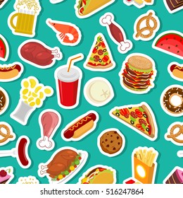 Food ornament. Feed pattern. meat background. Pizza and taco. French fries and hamburger. Hotdog and cookies. Baked turkey and watermelon. Pork and cake. Donuts and dumplings
