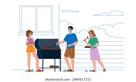 food outdoor cooking  vector.  grill bbq, party meat, barbecue barbeque food outdoor cooking character. people flat cartoon illustration