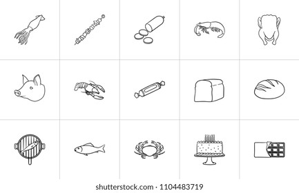 Food outline doodle icon set for print, web, mobile and infographics. Hand drawn food vector sketch illustration set isolated on white background.