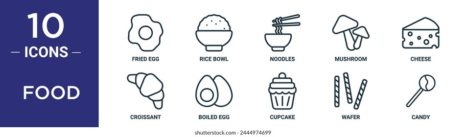 food outline icon set includes thin line fried egg, rice bowl, noodles, mushroom, cheese, croissant, boiled egg icons for report, presentation, diagram, web design