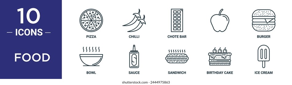 food outline icon set includes thin line pizza, chilli, chote bar,  , burger, bowl, sauce icons for report, presentation, diagram, web design