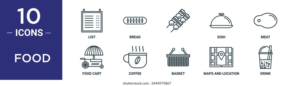 conjunto de iconos de contorno de alimentos incluye lista de líneas finas, pan, , plato, Carrito de alimentos, iconos de café para informe, presentación, diagrama, Diseño web