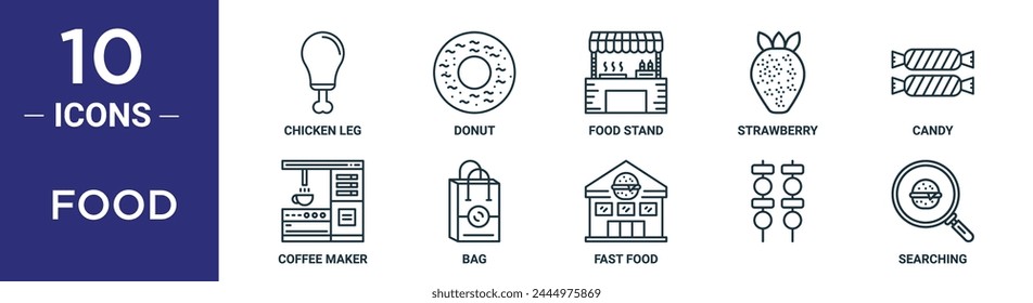 conjunto de iconos de contorno de alimentos incluye la pierna de pollo de línea delgada, donut, soporte de alimentos, fresa, caramelo, cafetera, iconos de bolso para informe, presentación, diagrama, Diseño web