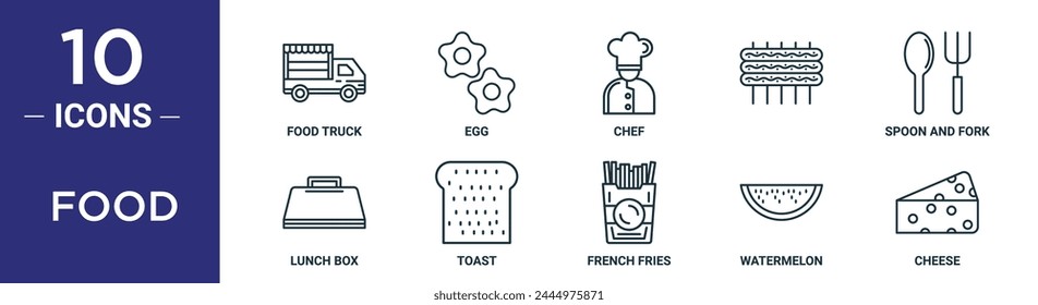 food outline icon set includes thin line food truck, egg, chef,  , spoon and fork, lunch box, toast icons for report, presentation, diagram, web design