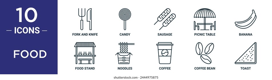 food outline icon set includes thin line fork and knife, candy, sausage, picnic table, banana, food stand, noodles icons for report, presentation, diagram, web design