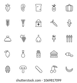 Food outline icons set. linear style symbols collection, line signs pack. vector graphics. Set includes icons as strawberry fruit, meat steak, toast bread, pineapple fruit, pumpkin vegetable, wheat