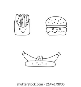 food outline vector illustration Hamburger, French Fries, Sausage