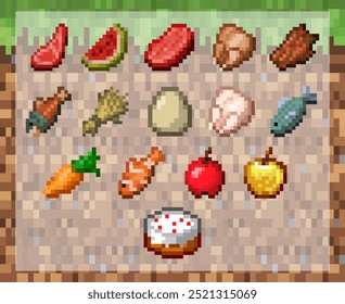 Pacote de alimentos, peixe, carne, frango, ovo, maçã, cenoura, ilustração vetorial, para jogos, 8 bits, estilo pixel, 10EPS