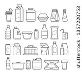 Food package icons. Meal packaging, eating packs, nutrition meat sachet cases and plastic beverage containers, paper pizza boxes, vector ilustration