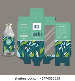 
Food package label template handdrawn green leaves