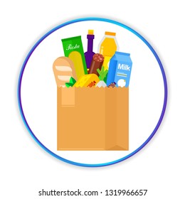 Food in the package. Food from the supermarket. Flat modern design of food and shopping in the store. Milk, sausage, cheese, bread, pasta.