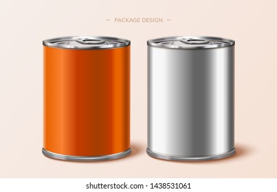 Food package tin design in orange and silver, 3d illustration