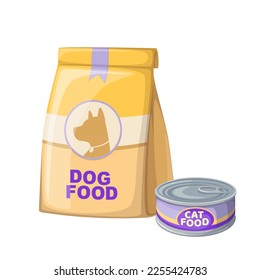 Food packages for dog and cat vector illustration. Cartoon isolated plastic bag with dry and canned food to feed domestic animals, containers with veterinarian products for pet shop assortment