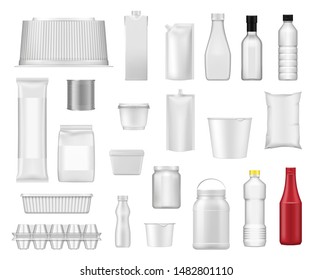 Food packages and product plastic box packs realistic templates. Vector 3D water drink bottle, yogurt plastic container, metal can and milk carton pack, ketchup bottle and mayonnaise pack mockups