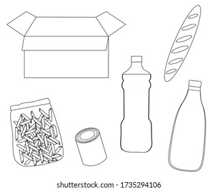 
Food packaging box illustration. Groceries, food delivery. Vector black and white coloring.