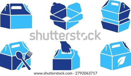 Food packaging collection take away boxes carton lunch meal delivery containers spoon fork hand carrying eco leaf icon.